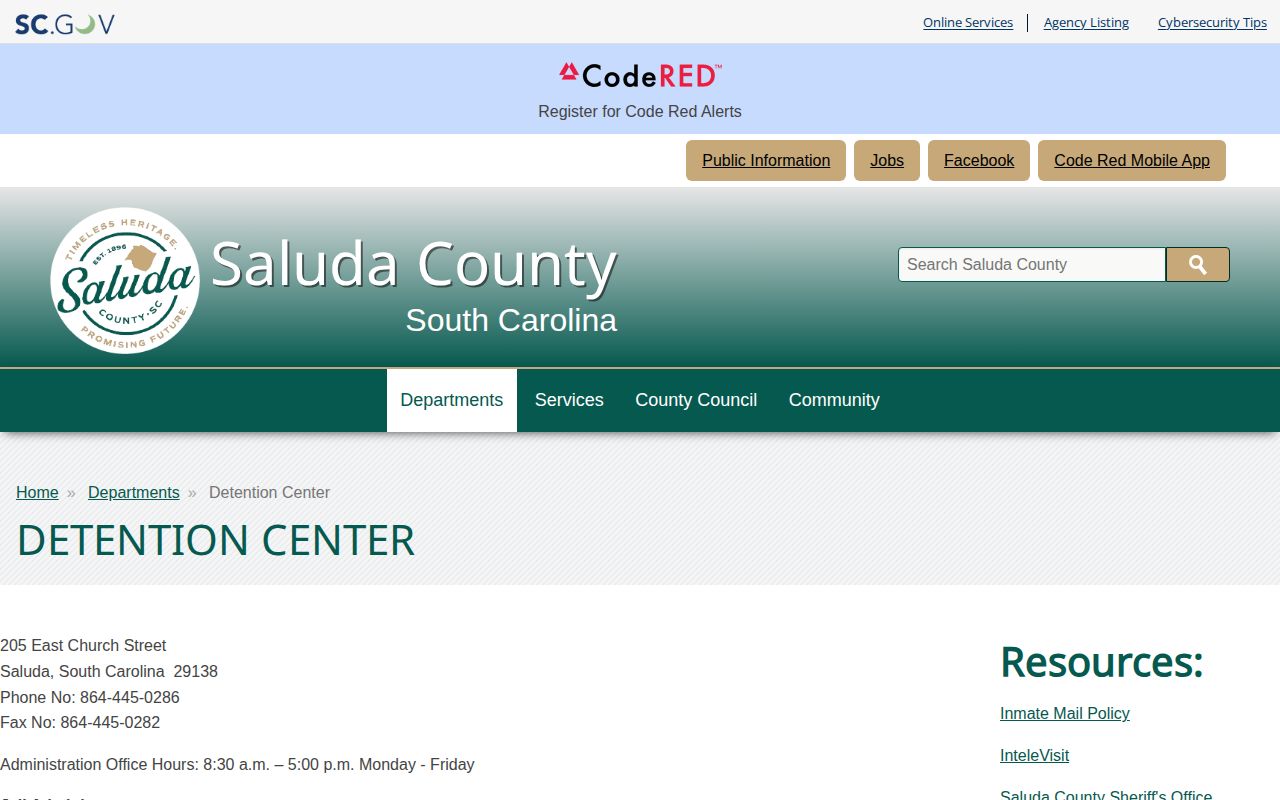 Saluda County Detention Center release records and operating contact
