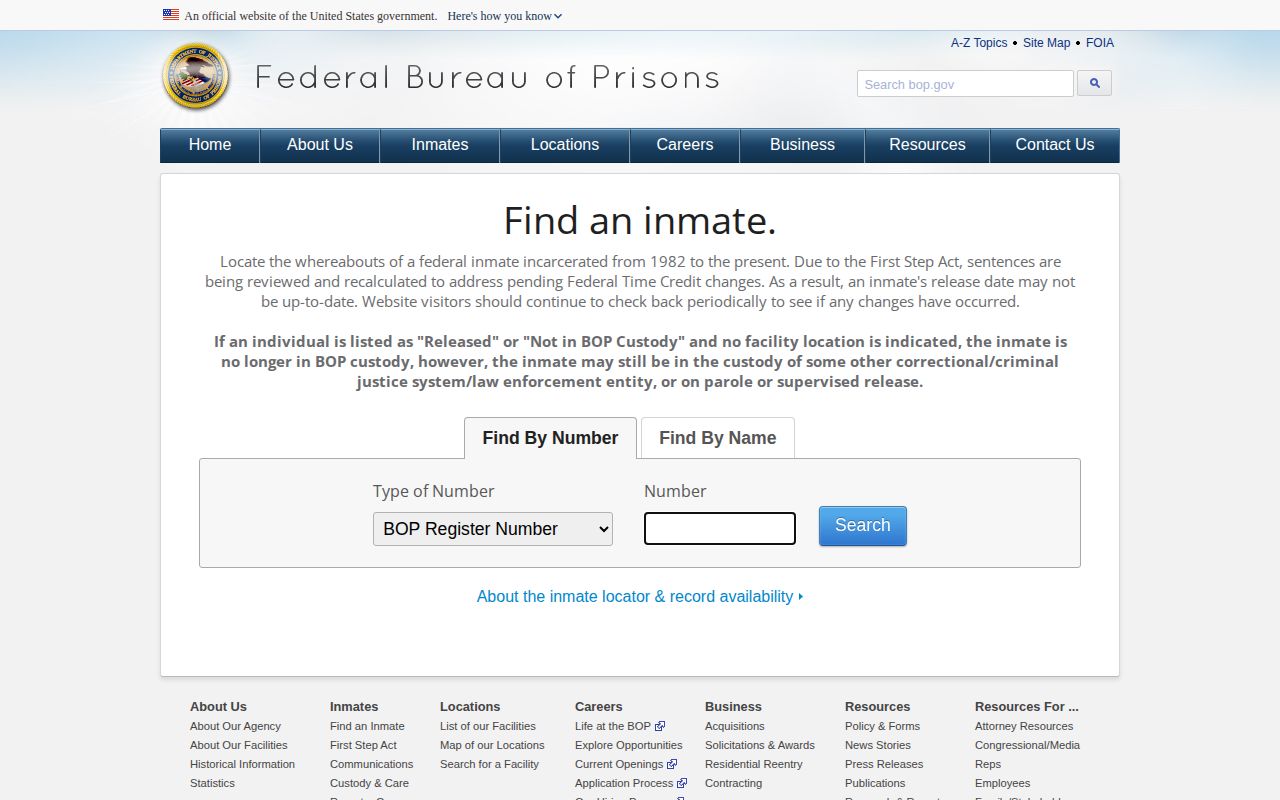 Federal Bureau of Prisons release locator for possible Saluda County cases