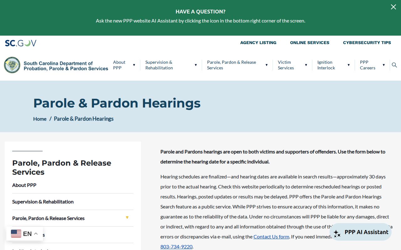 Saluda County parole hearing and post-release supervision search