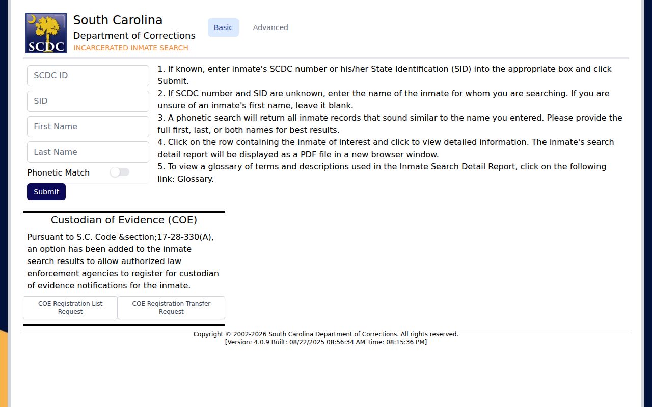 South Carolina Department of Corrections current inmate search for Saluda County release checks